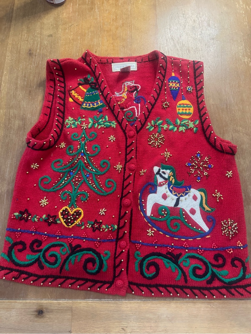 Studio Works Red Embellished Holiday Vest with Carousel Horse S